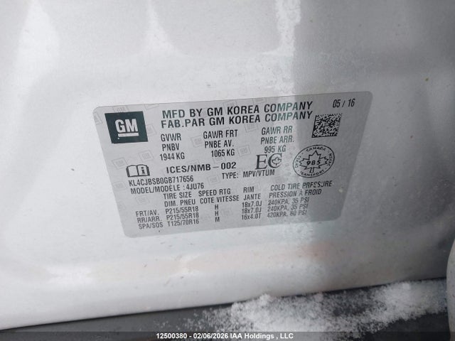 Aukcja sprzedaży 2016 Buick Encore Convenience, vin: KL4CJBSB0GB717656, numer aukcji: 12500380