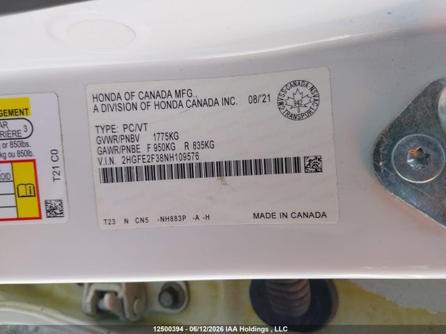 2022 Honda Civic მანქანა იყიდება აუქციონზე, vin: 2HGFE2F38NH109576, აუქციონის ნომერი: 12500394