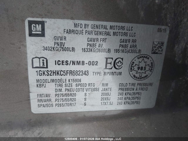 1GKS2HKC5FR682343 GMC Yukon Xl K1500 Slt