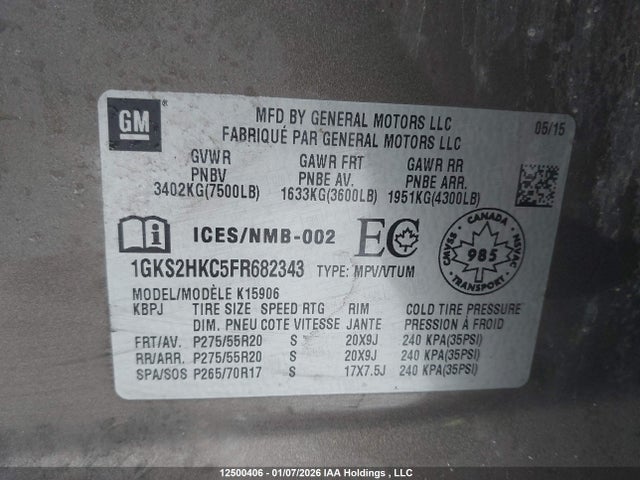 1GKS2HKC5FR682343 GMC Yukon Xl K1500 Slt