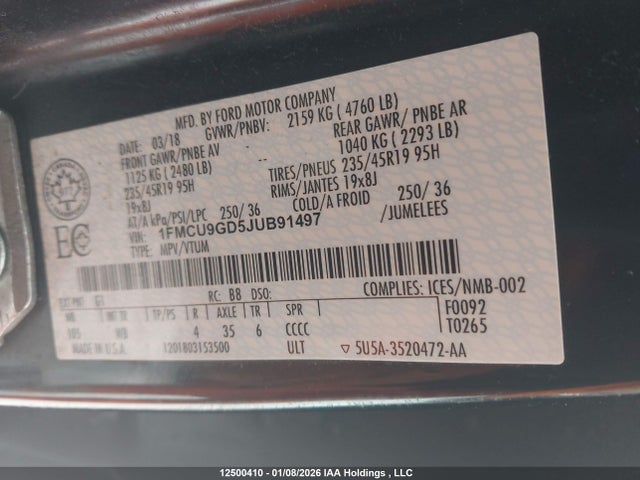 1FMCU9GD5JUB91497 Ford ESCAPE SE