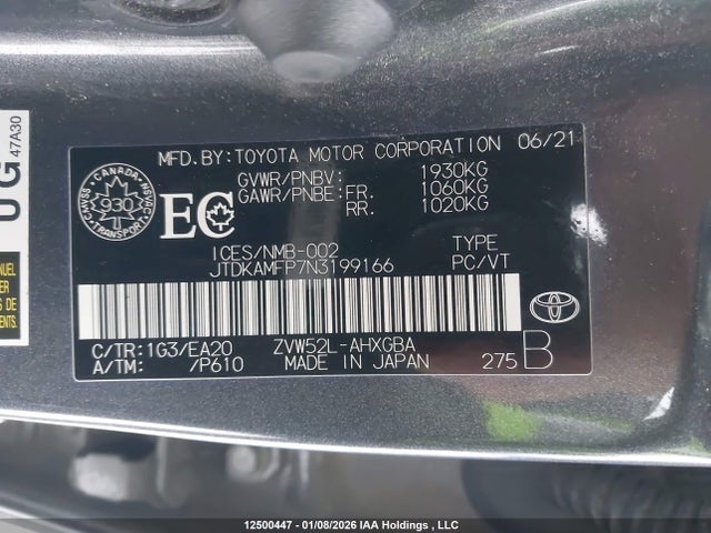 12500447 :رقم المزاد ، JTDKAMFP7N3199166 vin ، 2022 Toyota Prius مزاد بيع