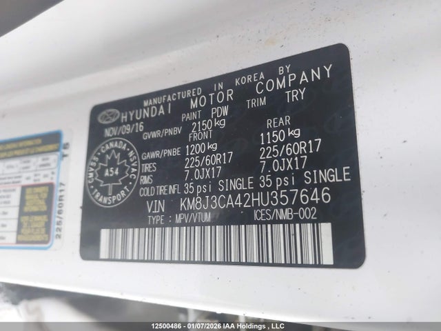 KM8J3CA42HU357646 Hyundai Tucson Limited/sport And Eco/se