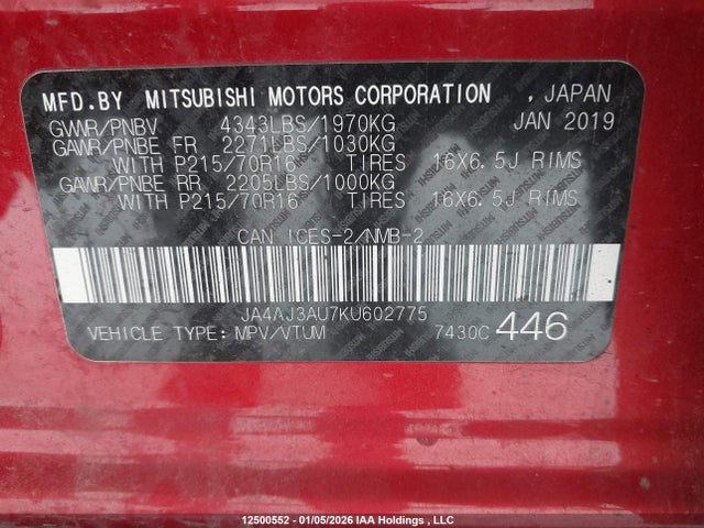 JA4AJ3AU7KU602775 Mitsubishi Rvr Se/se Black Edition/se Limited Edition