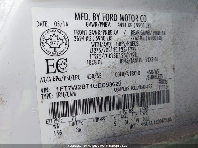 12500559 :رقم المزاد ، 1FT7W2BT1GEC93629 vin ، 2016 Ford F-250 مزاد بيع