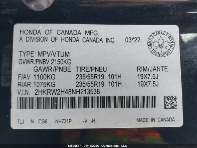 2022 Honda Cr-v Sport მანქანა იყიდება აუქციონზე, vin: 2HKRW2H48NH213538, აუქციონის ნომერი: 12500577
