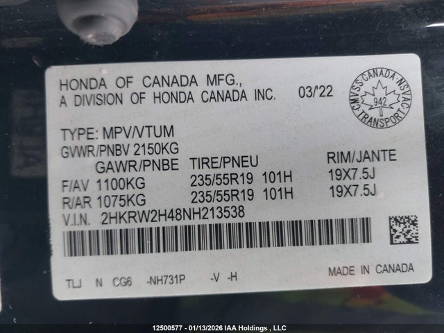 2022 Honda Cr-v Sport მანქანა იყიდება აუქციონზე, vin: 2HKRW2H48NH213538, აუქციონის ნომერი: 12500577