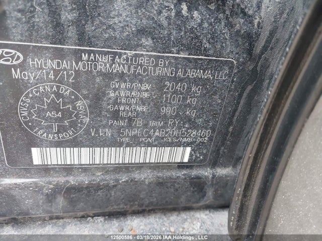 12500586 :رقم المزاد ، 5NPEC4AB2DH528460 vin ، 2013 Hyundai Sonata مزاد بيع
