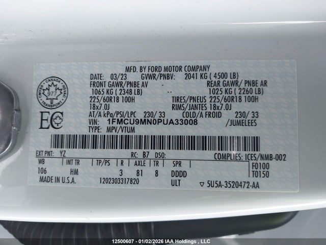 12500607 :رقم المزاد ، 1FMCU9MN0PUA33008 vin ، 2023 Ford Escape St Line مزاد بيع