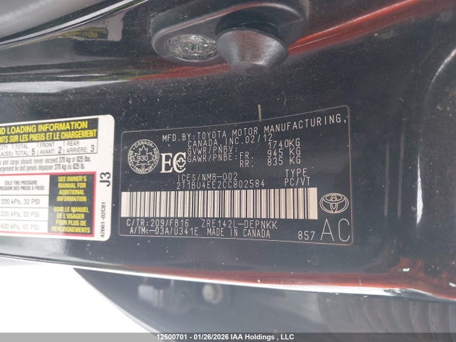 12500701 :رقم المزاد ، 2T1BU4EE2CC802584 vin ، 2012 Toyota Corolla مزاد بيع