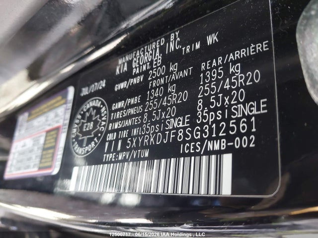 12500717 :رقم المزاد ، 5XYRKDJF8SG312561 vin ، 2025 Kia Sorento Sx/sxp مزاد بيع
