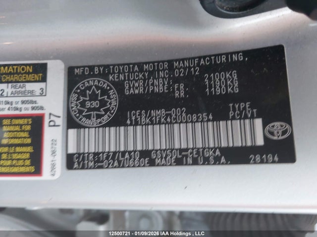 2012 Toyota Camry Xle V6 მანქანა იყიდება აუქციონზე, vin: 4T1BK1FK4CU008354, აუქციონის ნომერი: 12500721