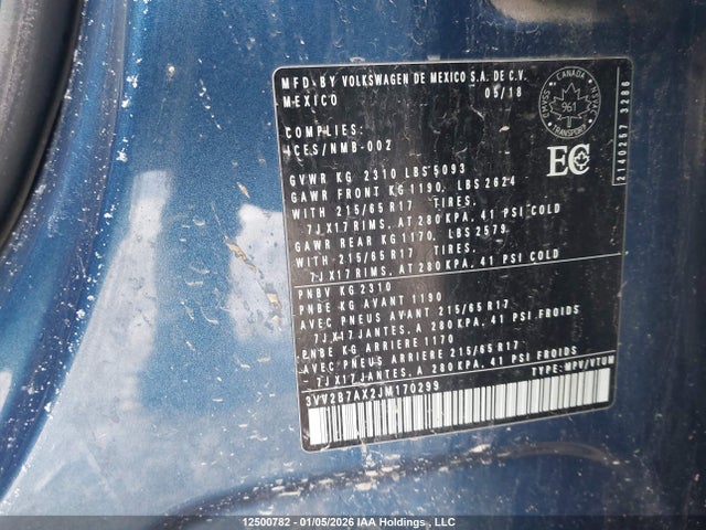 3VV2B7AX2JM170299 Volkswagen Tiguan Comfortline