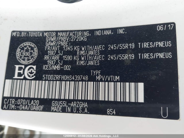 12500812 :رقم المزاد ، 5TDDZRFH0HS439748 vin ، 2017 Toyota Highlander Limited مزاد بيع