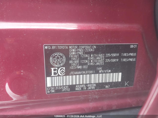 Aukcja sprzedaży 2021 Toyota Venza Limited, vin: JTEAAAAH1MJ070811, numer aukcji: 12500823