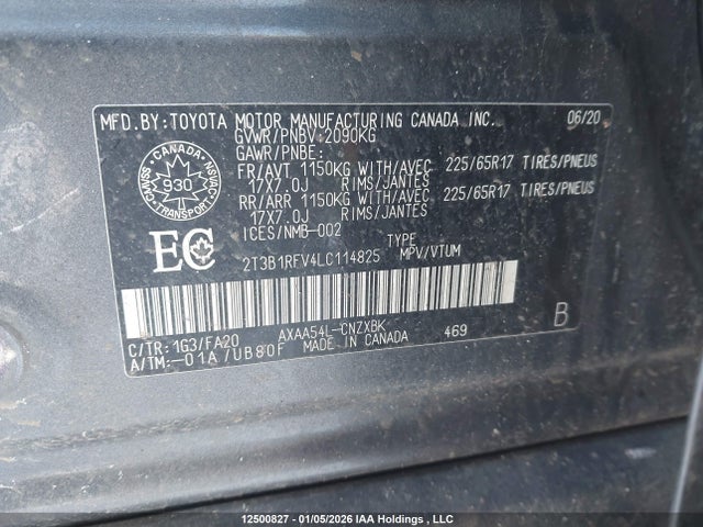12500827 :رقم المزاد ، 2T3B1RFV4LC114825 vin ، 2020 Toyota Rav4 Le مزاد بيع