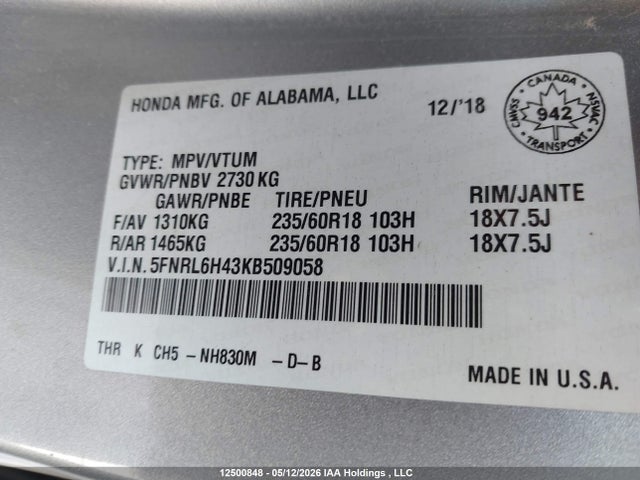 5FNRL6H43KB509058 Honda ODYSSEY EX
