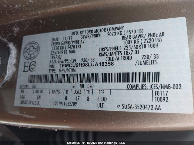 Ford ESCAPE SEL 2020 1FMCU9H98LUA18358 Image 9