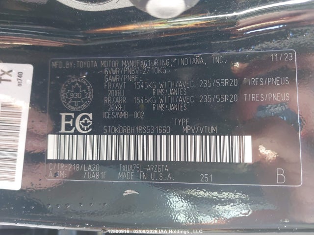 5TDKDRBH1RS531660 Toyota Highlander Le/xle/xse/limited/platinum