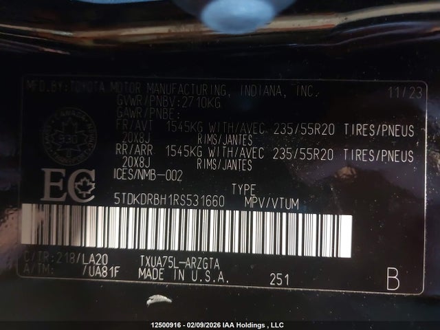 5TDKDRBH1RS531660 Toyota Highlander Le/xle/xse/limited/platinum