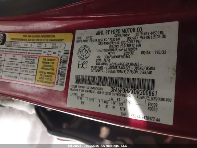 12500921 :رقم المزاد ، 3FA6P0HRXDR300861 vin ، 2013 Ford Fusion Se مزاد بيع