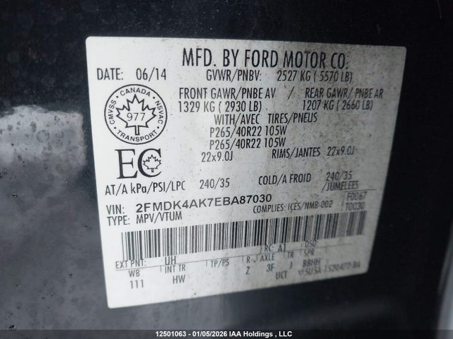 2014 Ford Edge Sport მანქანა იყიდება აუქციონზე, vin: 2FMDK4AK7EBA87030, აუქციონის ნომერი: 12501063