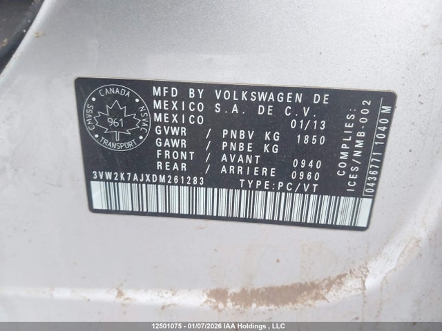 12501075 :رقم المزاد ، 3VW2K7AJXDM261283 vin ، 2013 Volkswagen Jetta 2.0l Trendline/2.0l Trendline+ مزاد بيع