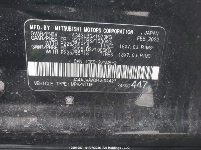 12501087 :رقم المزاد ، JA4AJVAW3NU604427 vin ، 2022 Mitsubishi Rvr مزاد بيع