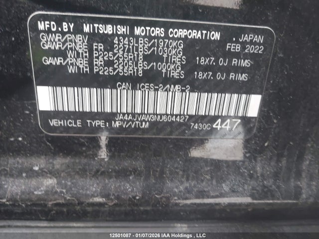 12501087 :رقم المزاد ، JA4AJVAW3NU604427 vin ، 2022 Mitsubishi Rvr مزاد بيع