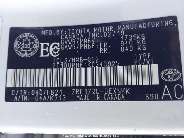 2T1BURHE1KC243925 Toyota Corolla L/le/xle/se/xse