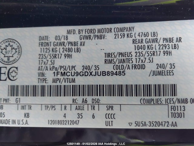 1FMCU9GDXJUB89485 Ford ESCAPE SE