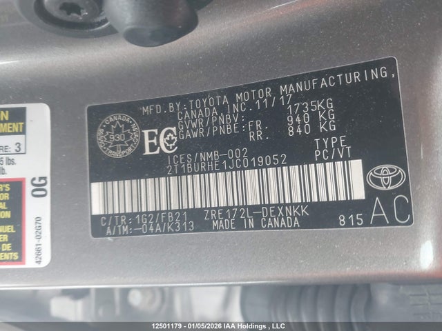 2T1BURHE1JC019052 Toyota Corolla