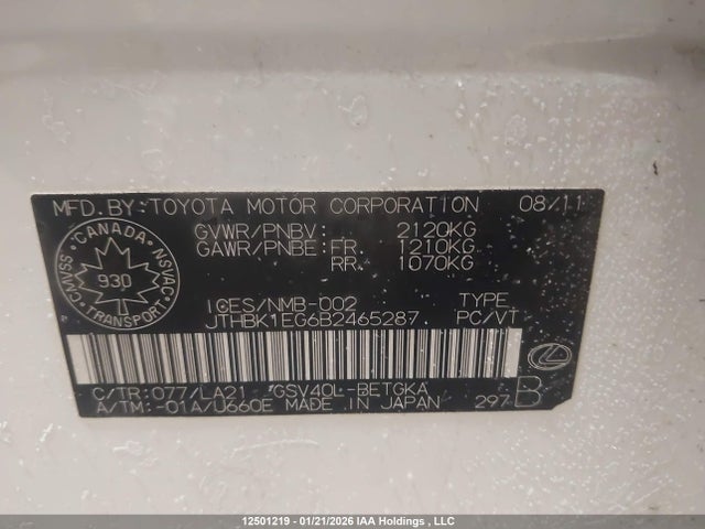 12501219 :رقم المزاد ، JTHBK1EG6B2465287 vin ، 2011 Lexus Es 350 350 مزاد بيع