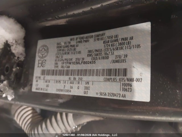 12501360 :رقم المزاد ، 1FTFW1E50LFB02435 vin ، 2020 Ford F150 Supercrew مزاد بيع