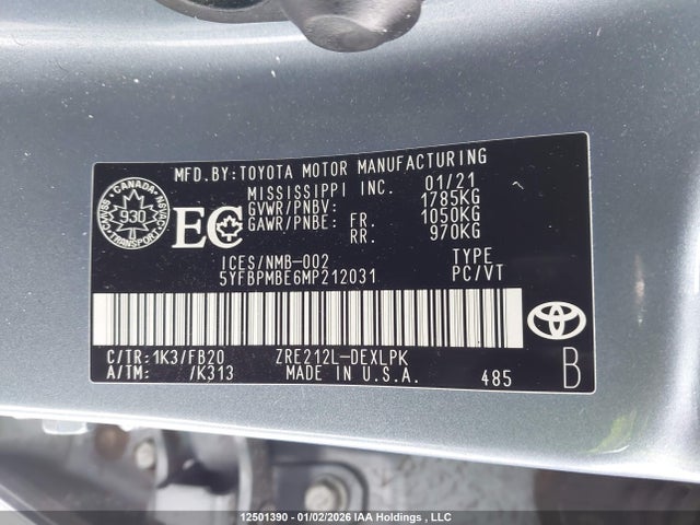 Aukcja sprzedaży 2021 Toyota Corolla Le, vin: 5YFBPMBE6MP212031, numer aukcji: 12501390