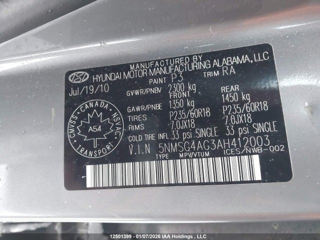 12501399 :رقم المزاد ، 5NMSG4AG3AH412003 vin ، 2010 Hyundai Santa Fe Gl 3.5 Sport مزاد بيع