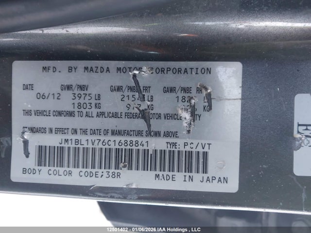 12501402 :رقم المزاد ، JM1BL1V76C1688841 vin ، 2012 Mazda Mazda3 Gs-sky مزاد بيع