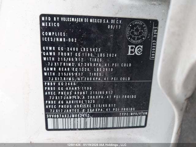 3VV0B7AX2JM042412 Volkswagen Tiguan Trendline