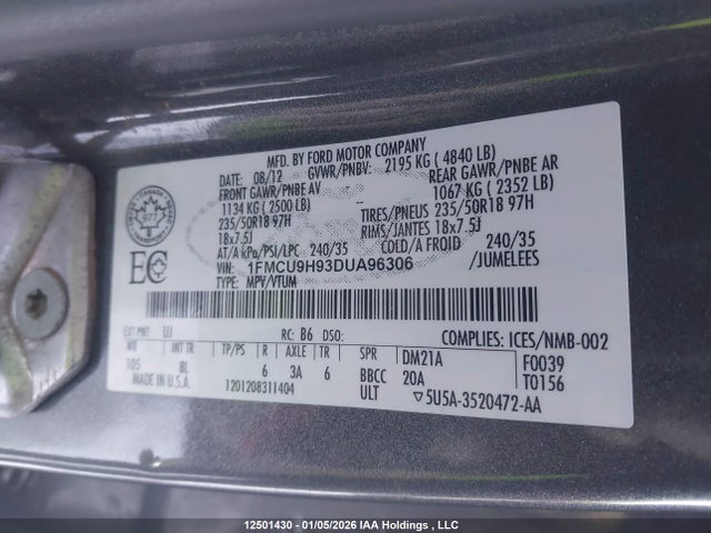 Aukcja sprzedaży 2013 Ford Escape Sel, vin: 1FMCU9H93DUA96306, numer aukcji: 12501430