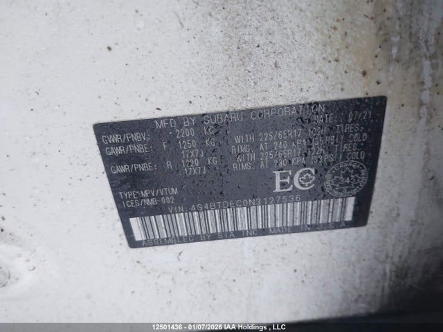 12501436 :رقم المزاد ، 4S4BTDEC0N3127536 vin ، 2022 Subaru Outback Touring مزاد بيع