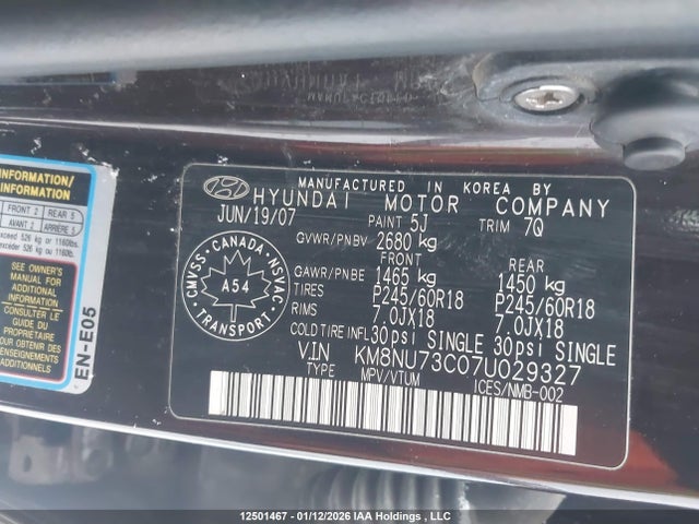 12501467 :رقم المزاد ، KM8NU73C07U029327 vin ، 2007 Hyundai Veracruz Gls/se/limited مزاد بيع