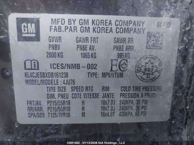 2013 Buick Encore მანქანა იყიდება აუქციონზე, vin: KL4CJESBXDB161238, აუქციონის ნომერი: 12501482