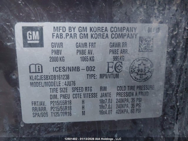 2013 Buick Encore მანქანა იყიდება აუქციონზე, vin: KL4CJESBXDB161238, აუქციონის ნომერი: 12501482