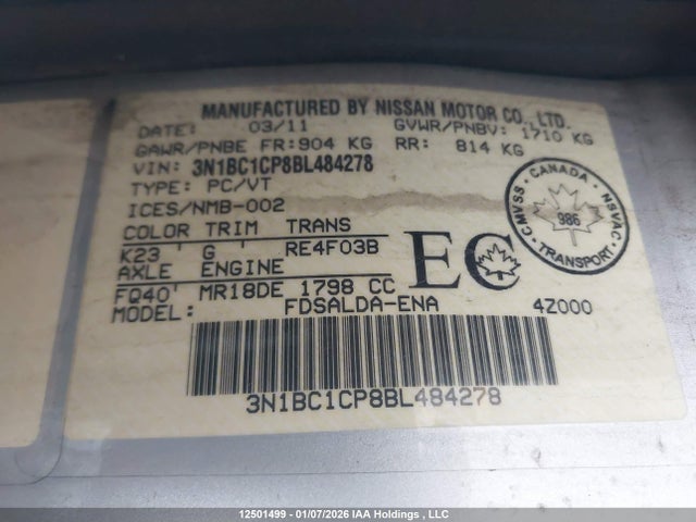 2011 Nissan Versa მანქანა იყიდება აუქციონზე, vin: 3N1BC1CP8BL484278, აუქციონის ნომერი: 12501499