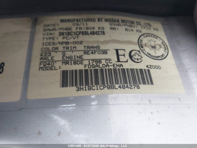 2011 Nissan Versa მანქანა იყიდება აუქციონზე, vin: 3N1BC1CP8BL484278, აუქციონის ნომერი: 12501499