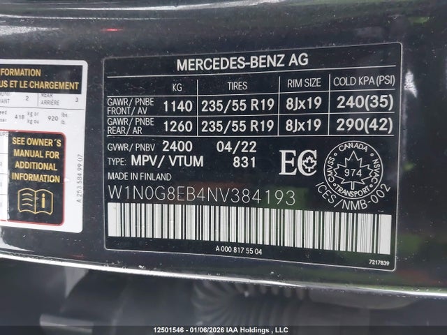 W1N0G8EB4NV384193 Mercedes-Benz Glc 300 4matic