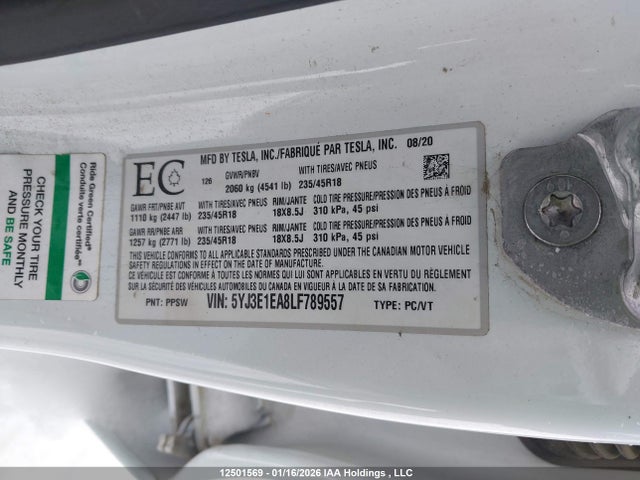 Aukcja sprzedaży 2020 Tesla Model 3 Standard Range Plus, vin: 5YJ3E1EA8LF789557, numer aukcji: 12501569