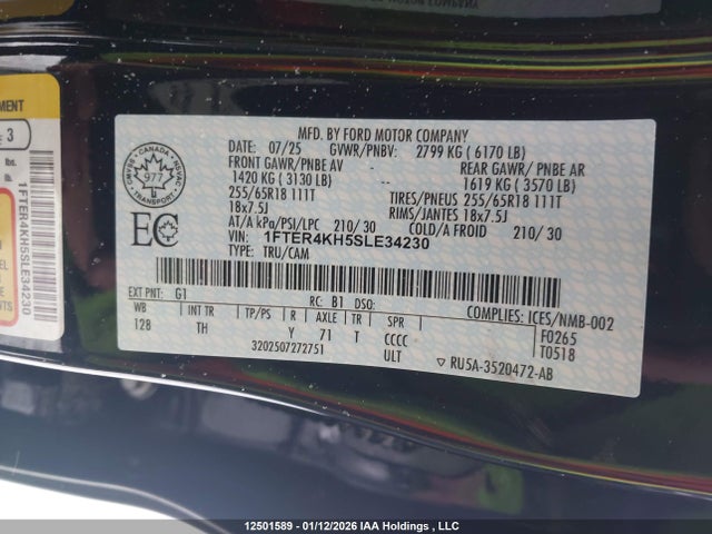 12501589 :رقم المزاد ، 1FTER4KH5SLE34230 vin ، 2025 Ford Ranger Lariat مزاد بيع
