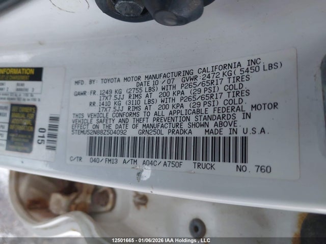 12501665 :رقم المزاد ، 5TEMU52N88Z504092 vin ، 2008 Toyota Tacoma Base V6 مزاد بيع