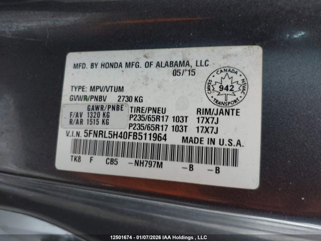 2015 Honda Odyssey Ex მანქანა იყიდება აუქციონზე, vin: 5FNRL5H40FB511964, აუქციონის ნომერი: 12501674